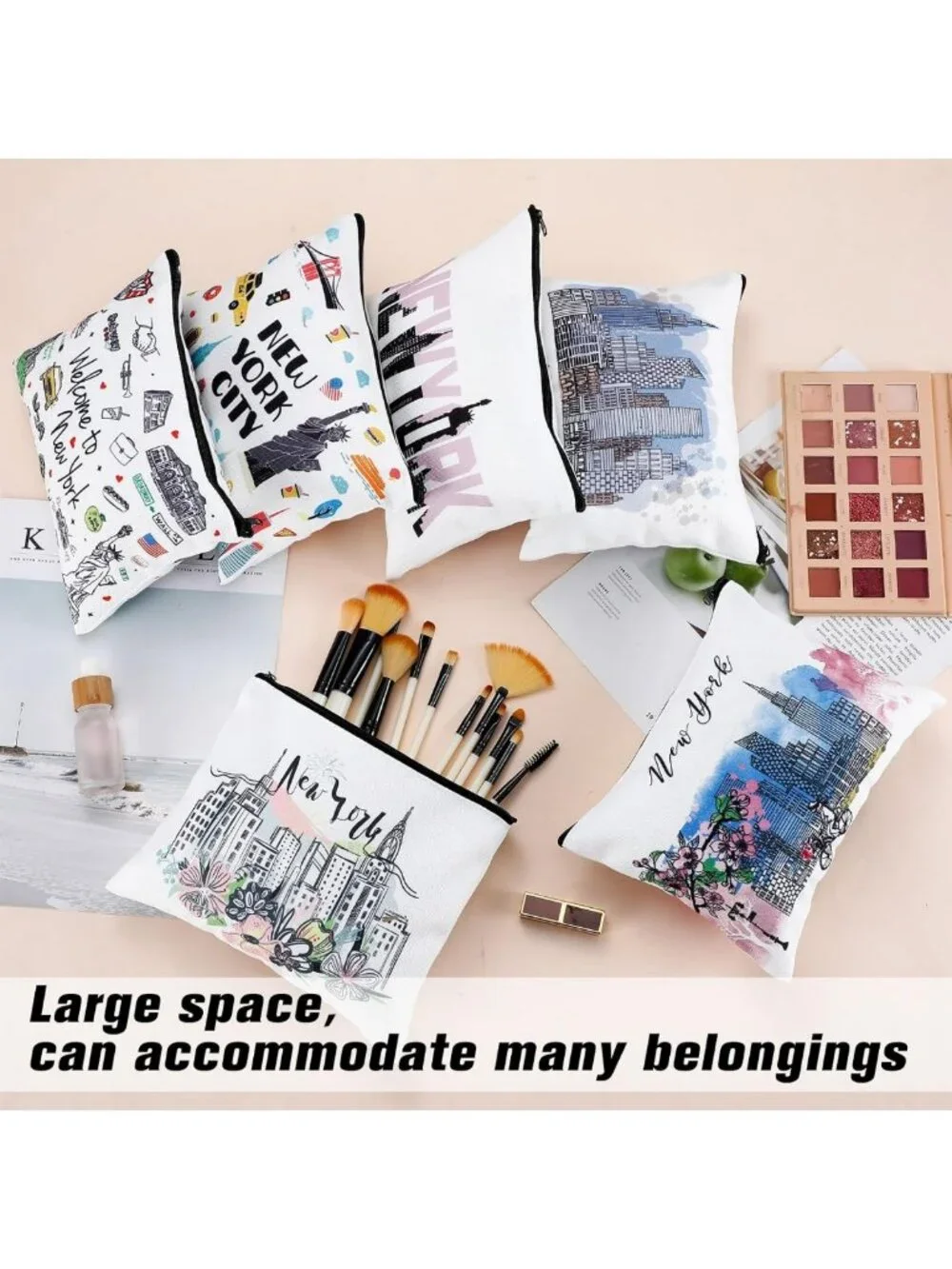 9 Pcs New York Cosmetic Bag Set - Zipper Pouch Makeup Purse for Travel & Gifts